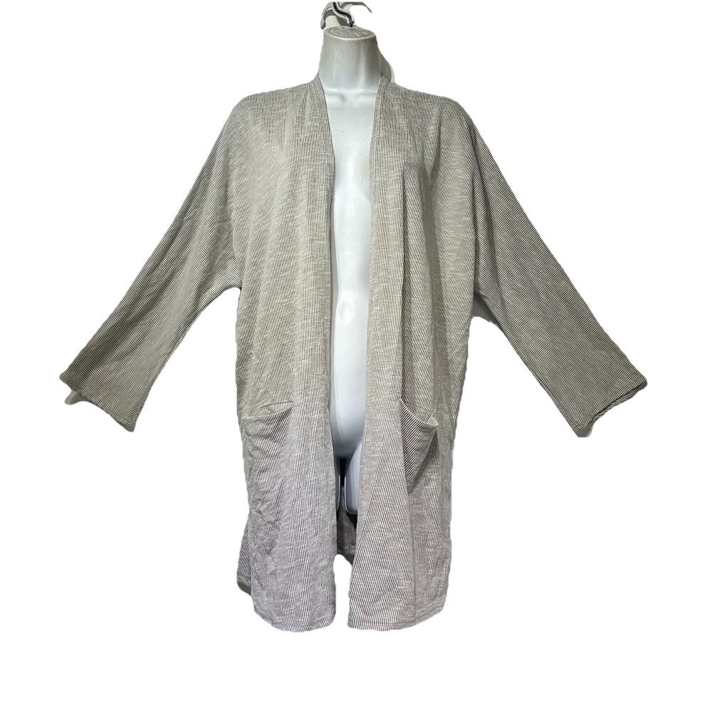 DONNI Lightweight Gray Pinstripe Cotton Knit Oversized Open Cardigan Sweater OS